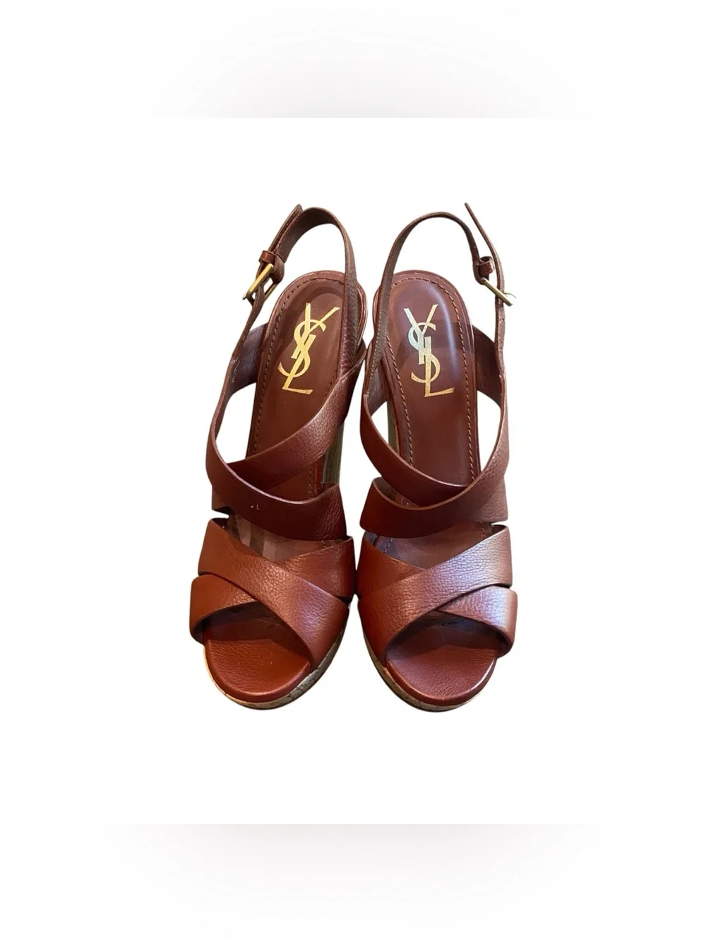 Yves Saint Laurent Deauville Leather Crossstrap Buckle Slingback PlatformSandals